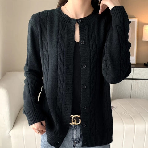 Round Neck Long Sleeve Wool Cardigan