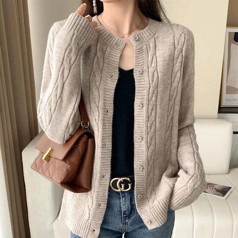 Round Neck Long Sleeve Wool Cardigan