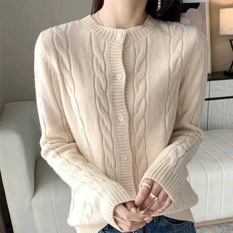 Round Neck Long Sleeve Wool Cardigan