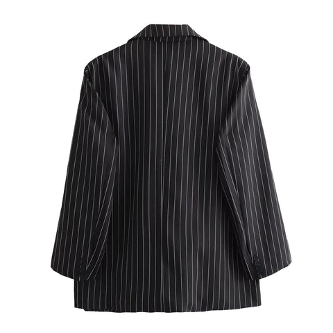 Striped V-Neck Blazer: Casual Office for 2024 Autumn with Pockets