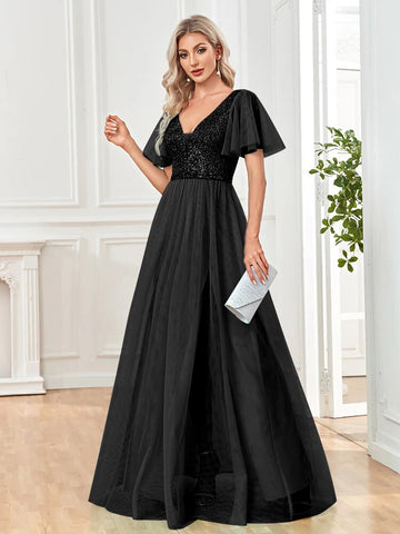 Langes Abendkleid in A-Linie mit V-Ausschnitt und Pailletten