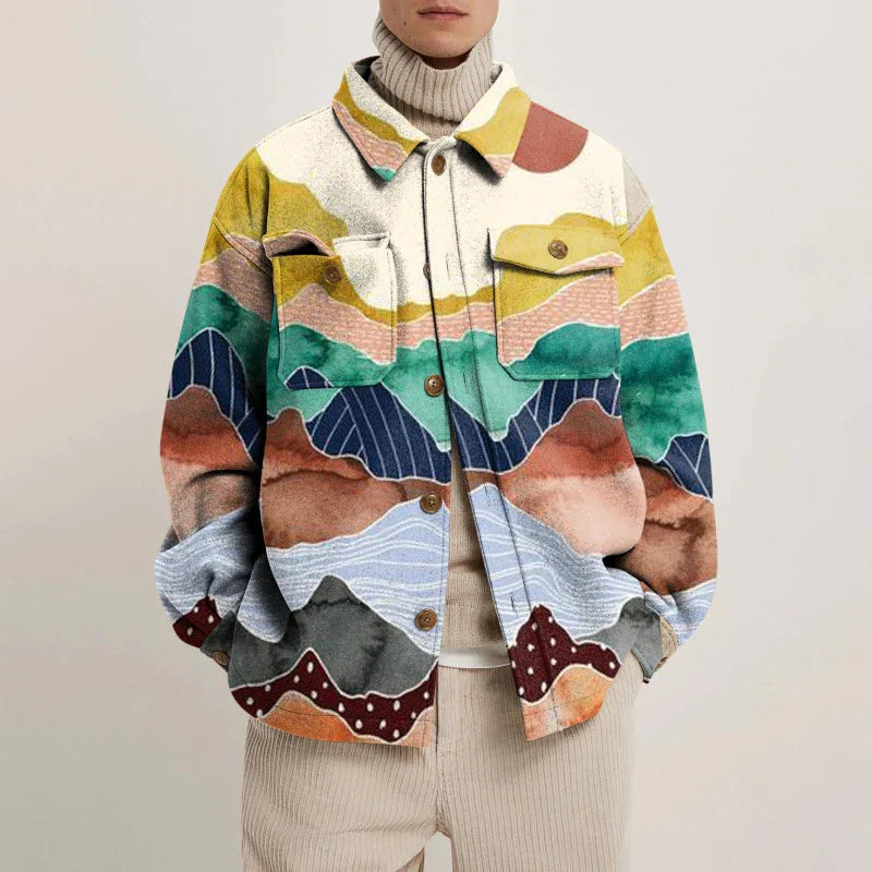 Vintage Buttoned Woolen Coats for Men: Autumn Streetwear with Print