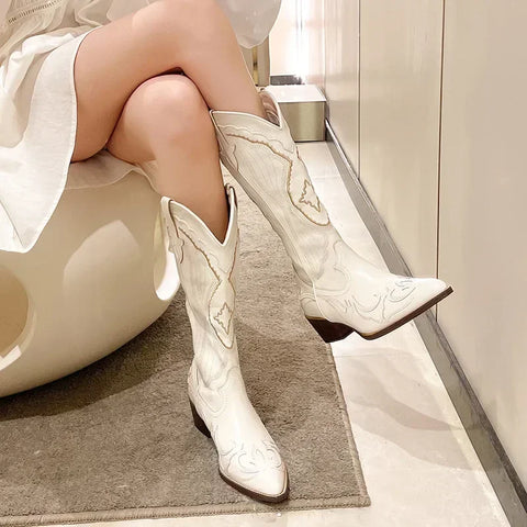 Elegant Art Work Embroidered Western Mid Calf Boots