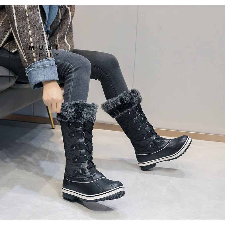 Winter High Lace-Up Snow Boots: Warm, Fur-Lined Mid-Calf Shoes