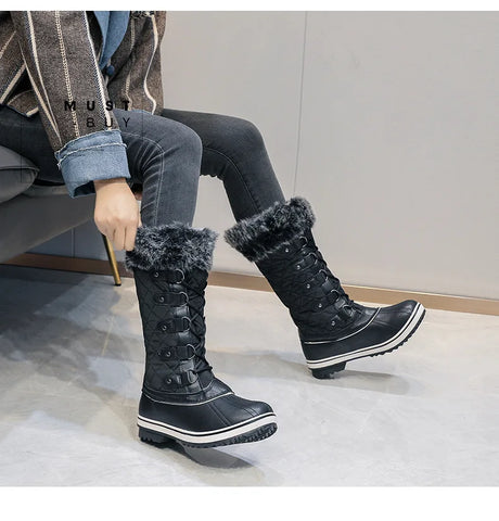 Winter High Lace-Up Snow Boots: Warm, Fur-Lined Mid-Calf Shoes