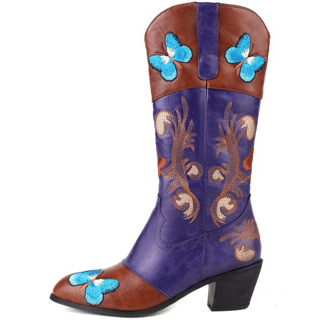 Butterfly Embroidered Pointed Toe Stacked Heel Mid Calf Boots