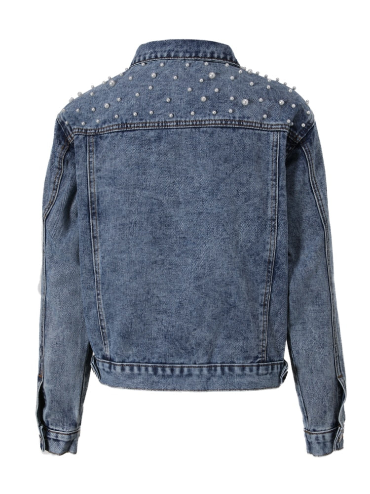 Pearl Beading Design Short Vintage Jean Denim Coats