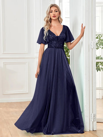 A Line V Neck Long Formal Dress with Sequins - Blue