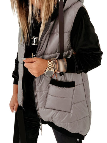 Casual Sleeveless Zip Up Puffer Hooded Jacket Coat