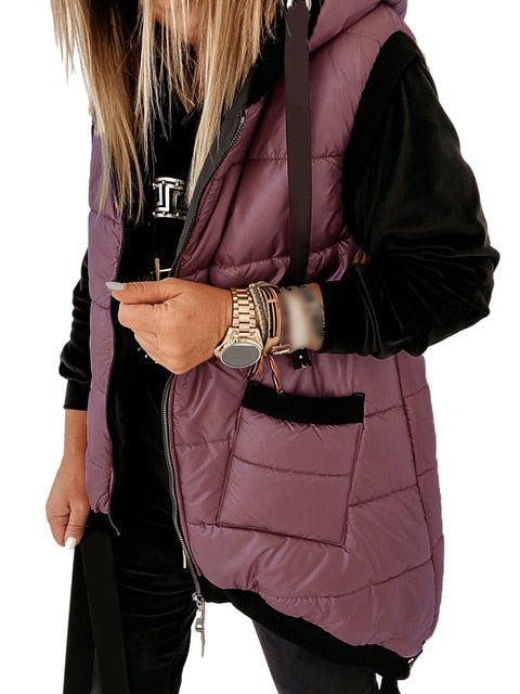 Casual Sleeveless Zip Up Puffer Hooded Jacket Coat