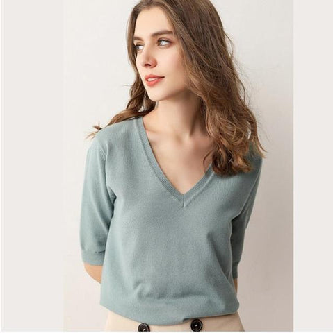 Spring Style V-Neck Half Sleeved Knitted Thin Sweater