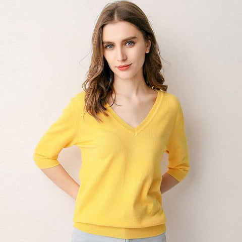 Spring Style V-Neck Half Sleeved Knitted Thin Sweater