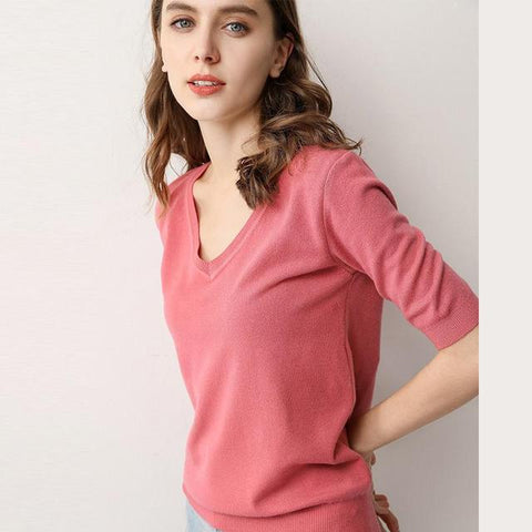 Spring Style V-Neck Half Sleeved Knitted Thin Sweater