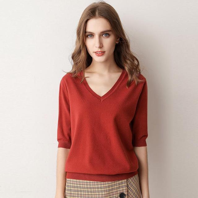 Spring Style V-Neck Half Sleeved Knitted Thin Sweater