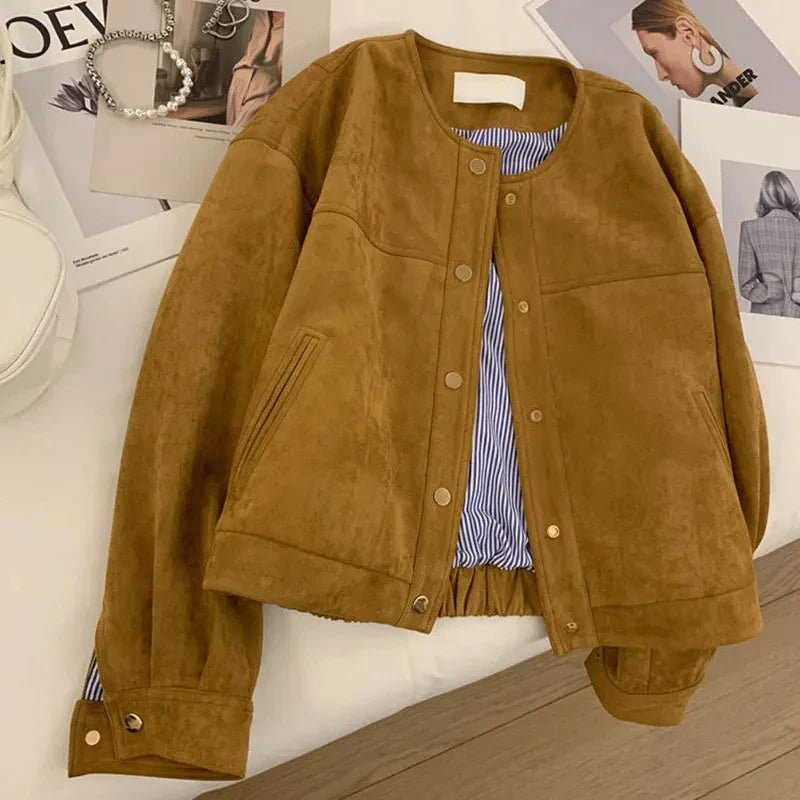 Autumn Camel Color Suede Short Jacket