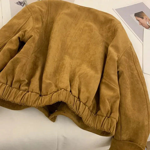 Autumn Camel Color Suede Short Jacket