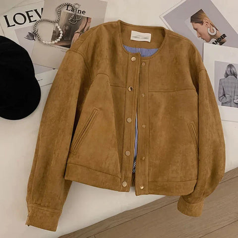 Autumn Camel Color Suede Short Jacket