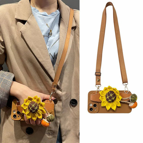 iPhone Case Sunflower Crossbody Phone Case with PU Leather Wrist Strap & Adjustable Shoulder Strap Lanyard Cute Shockproof Protective Case Cover Drop Protection for iPhone 11 12 13 14 15