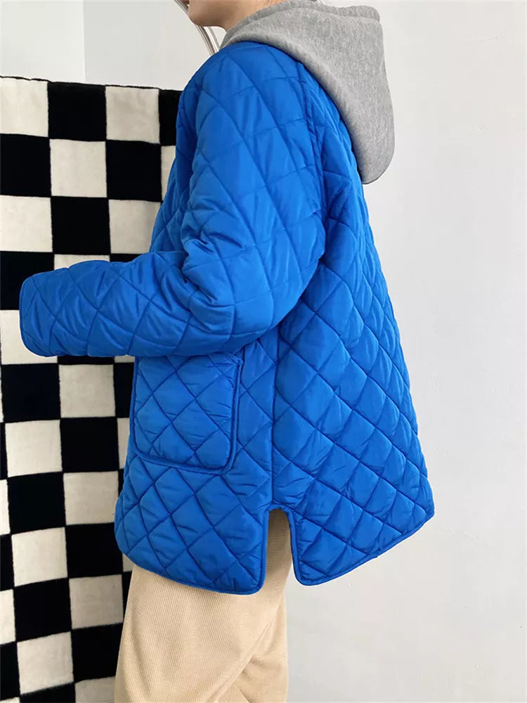 Cotton Filling Button Down Puffy Blue Oversized Coats