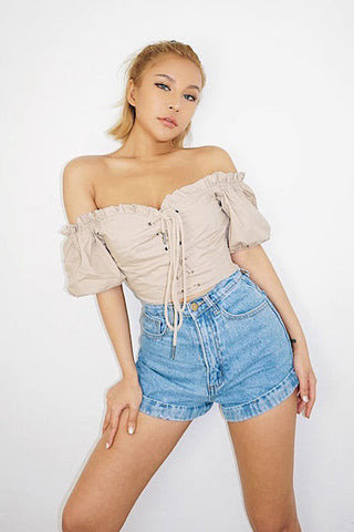 Off Shoulder Puff Sleeve Lace Up Tops Shirt