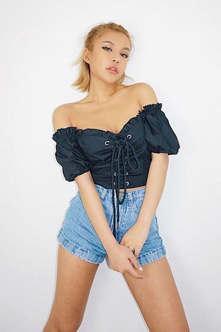 Off Shoulder Puff Sleeve Lace Up Tops Shirt