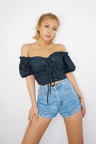 Off Shoulder Puff Sleeve Lace Up Tops Shirt