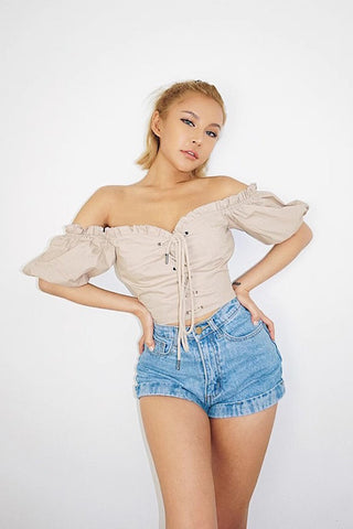 Off Shoulder Puff Sleeve Lace Up Tops Shirt