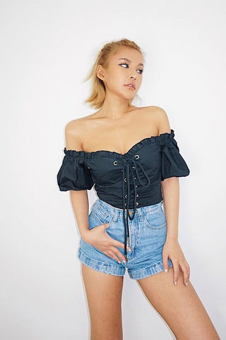 Off Shoulder Puff Sleeve Lace Up Tops Shirt