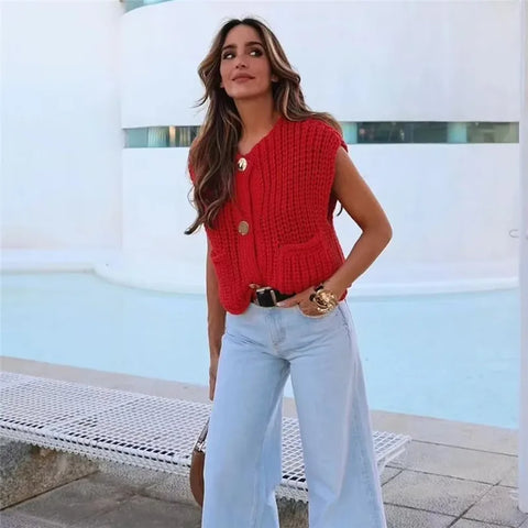 Red Knit Cropped Sleeveless Vest