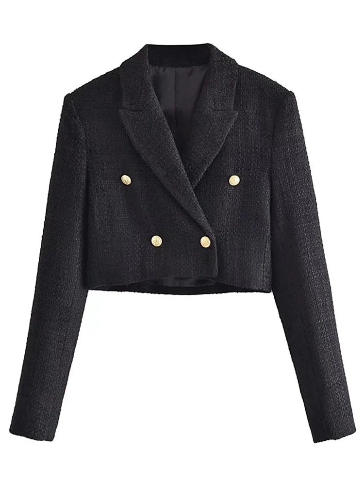 Tweed Cropped Black Blazer Coat Short Set