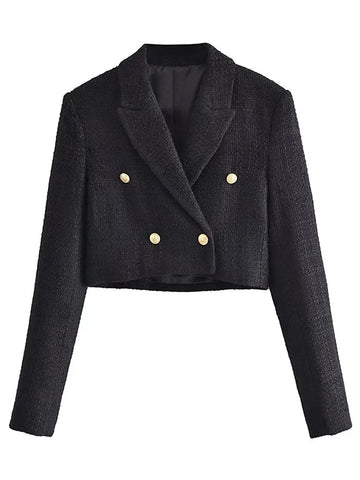 Tweed Cropped Black Blazer Coat Short Set