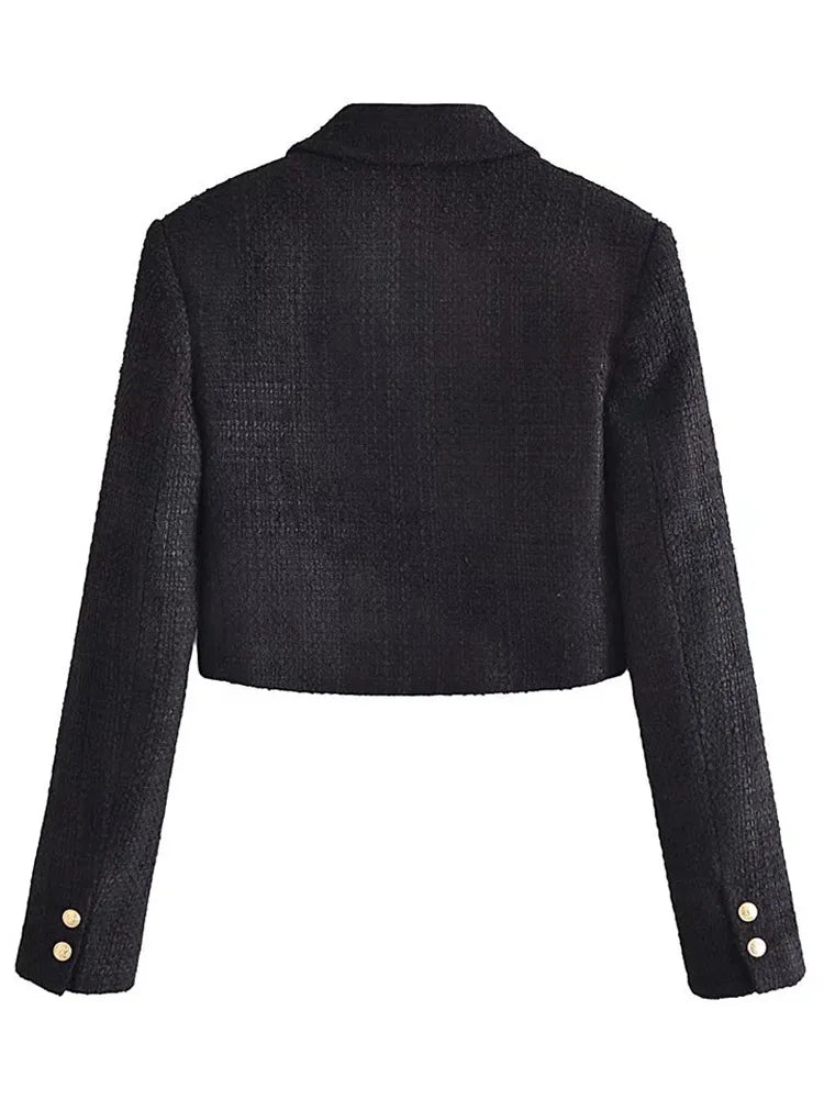 Tweed Cropped Black Blazer Coat Short Set