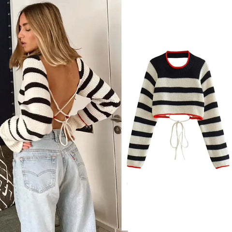 Striped Cropped Backless Sweaters