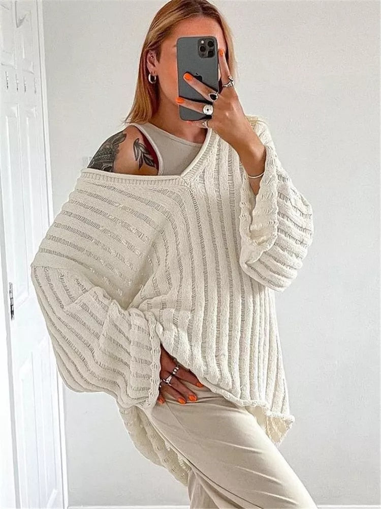 V-Ausschnitt One-Shoulder Daunen Lockere Winterpullover