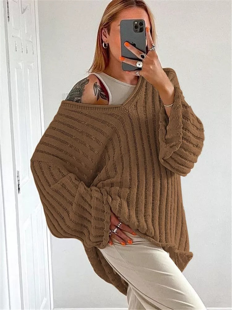 V-Neck One-Shoulder Down Loose Winter Sweaters