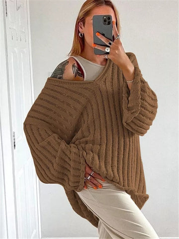 V-Neck One-Shoulder Down Loose Winter Sweaters