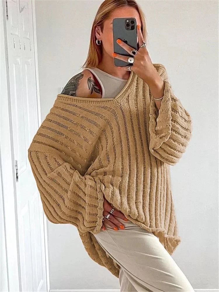 V-Neck One-Shoulder Down Loose Winter Sweaters