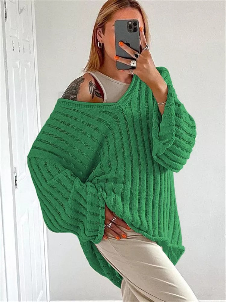 V-Neck One-Shoulder Down Loose Winter Sweaters