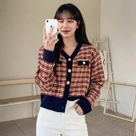 Multi Color Plaid Knitted Winter Clothing Cardigan Sweaters