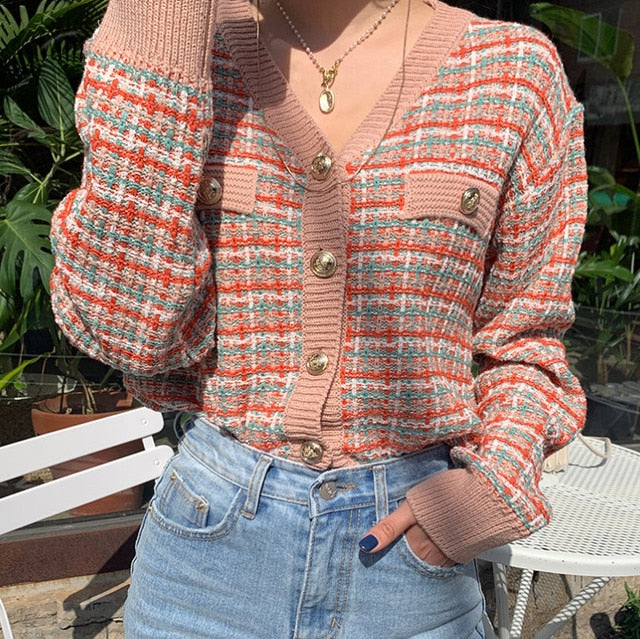 Multi Color Plaid Knitted Winter Clothing Cardigan Sweaters