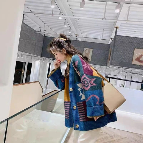 Unique Geometrical Pattern Knit Cardigan Sweater