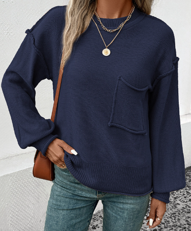 Solide Oberteile mit geteilter Naht und Tasche und Rundhalsausschnitt
