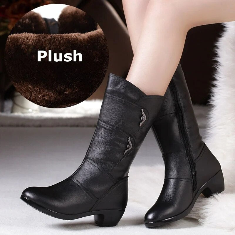 Genuine Leather High Quality Warm Plush Inside Mid Calf Boots