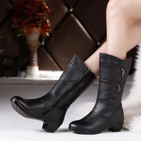 Genuine Leather High Quality Warm Plush Inside Mid Calf Boots