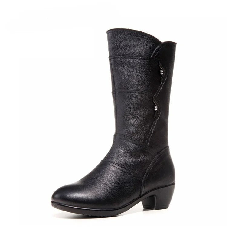 Genuine Leather High Quality Warm Plush Inside Mid Calf Boots