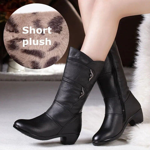 Genuine Leather High Quality Warm Plush Inside Mid Calf Boots