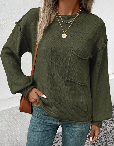 Solide Oberteile mit geteilter Naht und Tasche und Rundhalsausschnitt