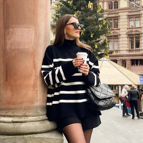 Winter Black And White Stripe Loose Sweater