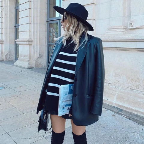 Winter Black And White Stripe Loose Sweater