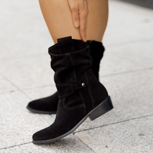 Elegant Faux Suede Low Heel Winter Ankle Boots